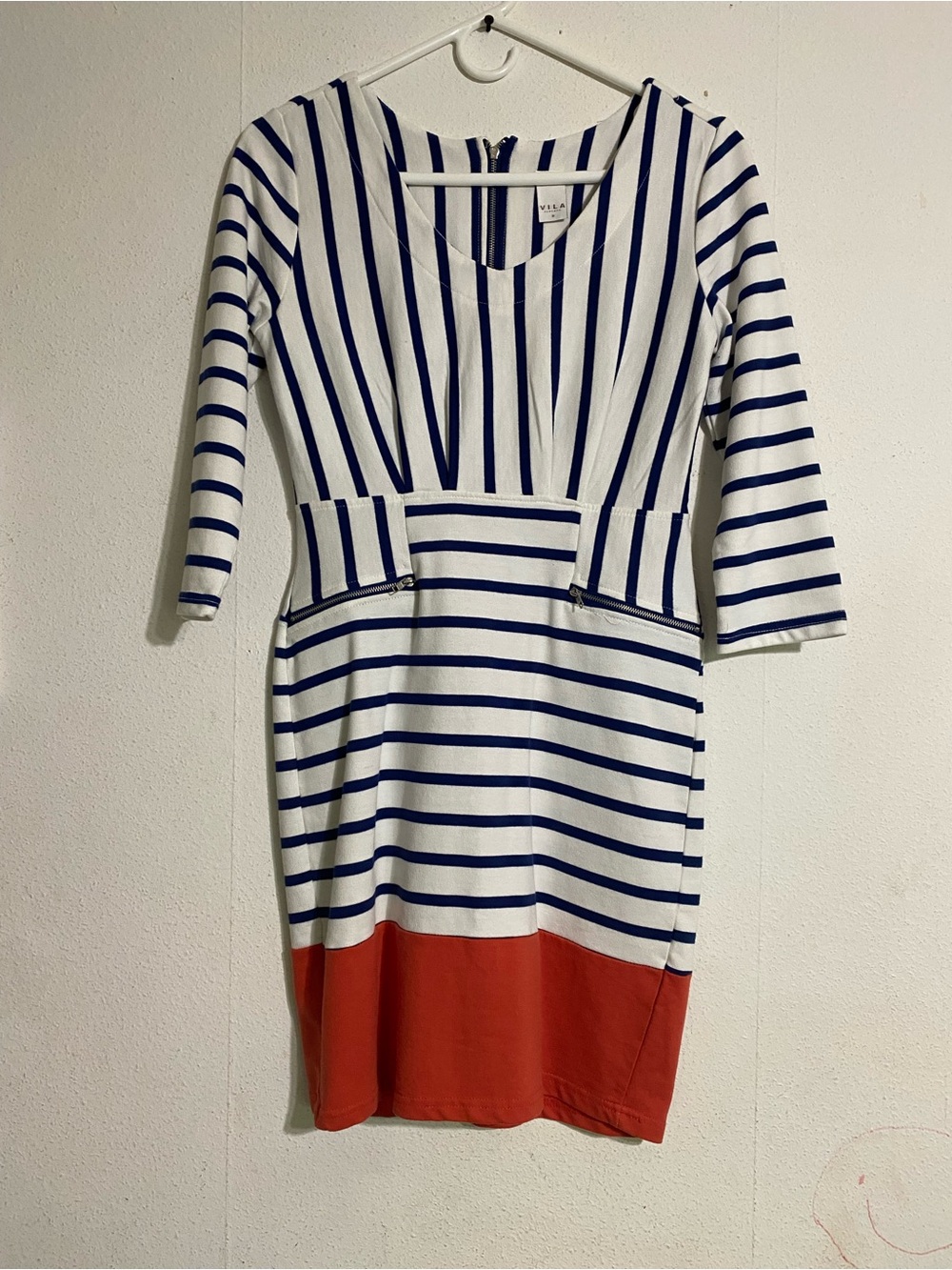 VILA Navy & White Striped Mini Dress with Orange Hem: Size Small